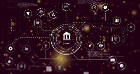 Central bank icon connecting to finance symbols on digital network