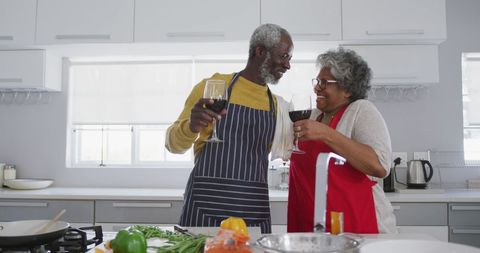 Senior Couple Toasting Wine in Bright Modern Kitchen