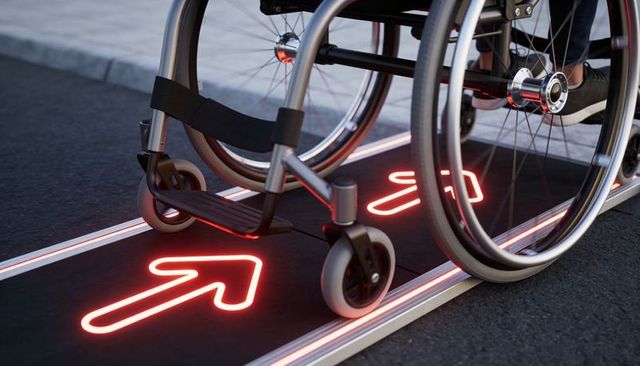 Wheelchair navigating led outlined pathway with red arrows for accessible urban mobility