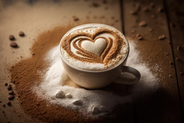 Cappuccino with detailed heart-shaped foam art sits on a wooden table, surrounded by sprinkled sugar, brown sugar, and coffee beans. Ideal for content related to coffee shops, cozy mornings, beverages, warm and inviting settings, and barista skills.