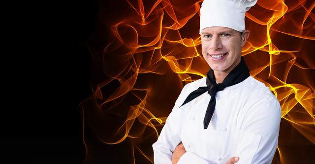 Male chef smiling with arms crossed in front of a digital flame background. Ideal for culinary promotions, cooking classes, restaurant advertisements, and food-related publications.