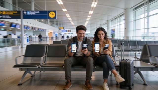 Couple checking mobile boarding passes and flight info on smartphones waiting at airport