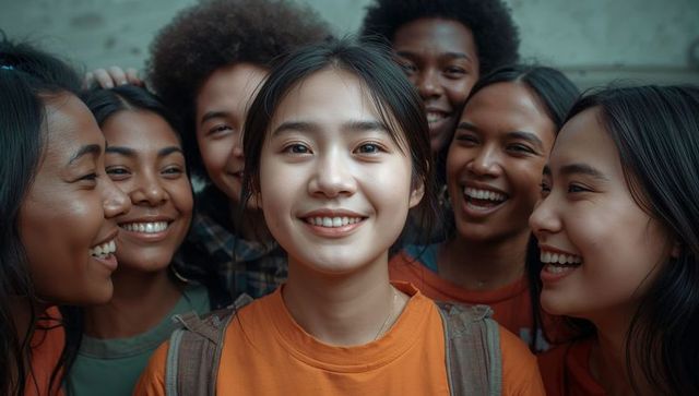 Diverse group of students laughing outdoors in casual attire