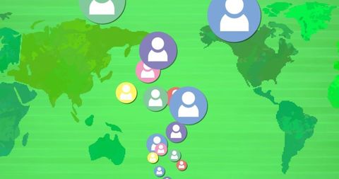 Social media icons spanning world map symbolizing global connections