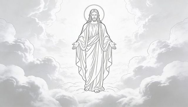 Christlike figure floating above clouds with halo and outstretched hands monochrome lineart