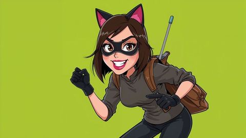 Animated female burglar in cat costume and backpack against lime background