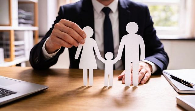 Holding paper family cutouts on desk by businessman representing family protection and insurance