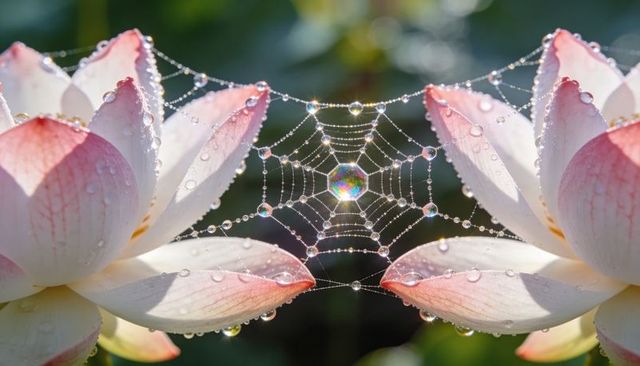 Dew-kissed lotus blossoms framing spiderweb with sparkling dew drops and prism