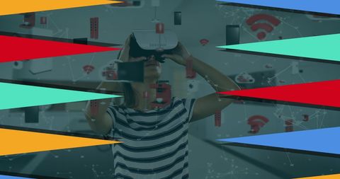 Biracial woman exploring vr in geometric design concept