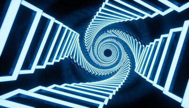 Spiraling neon cyan tunnel of rectangular frames forming infinite geometric vortex