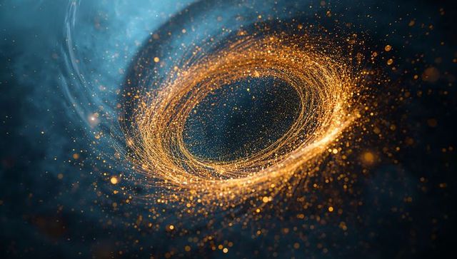 Spiraling golden torus rotating and emitting glowing particles over teal cosmic field
