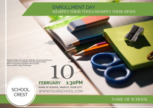 Enrollment Day School Event with Supplies and Promotional Messaging - Download Free Stock Templates Pikwizard.com