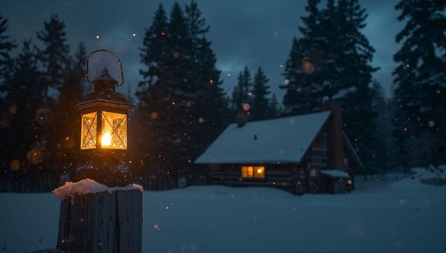 Glowing lantern on snow-covered post near cozy cabin at night in pine forest winter scene