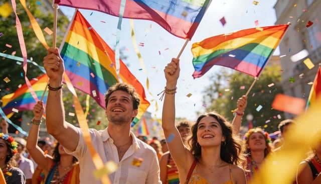 Joyful couple waving rainbow flags at pride parade with confetti and sunny urban crowd