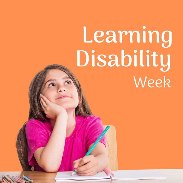 Digital composite image of learning disability week text by thoughtful caucasian girl with books. childhood, education and awareness concept.