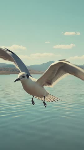 Gull Hovering Over Mountain Lake Vertical Video Showing Flapping Wings and Gentle Ripples