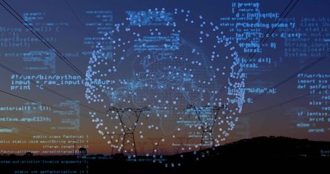 High-Voltage Pylons at Dusk with Digital Technology Overlay