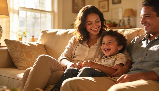 Smiling family cuddling on sunlit couch sharing laughter and cozy home moment