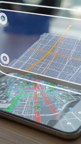 Pinching and tilting AR city grid over smartphone showcasing holographic navigation
