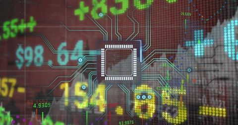 Central microchip emitting circuit traces over neon financial tickers data visualization