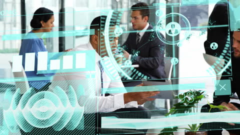 Digital Interface Overlay on Office Meeting for Global Business Concept