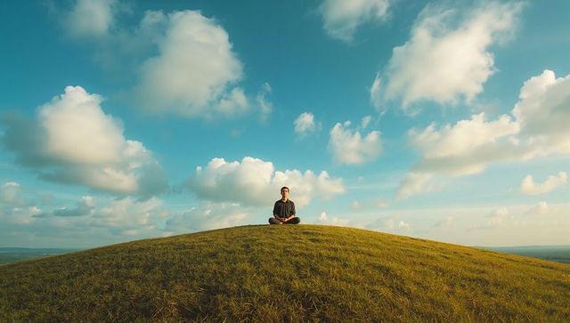 Man Meditating on Grassy Hilltop Under Serene Sky