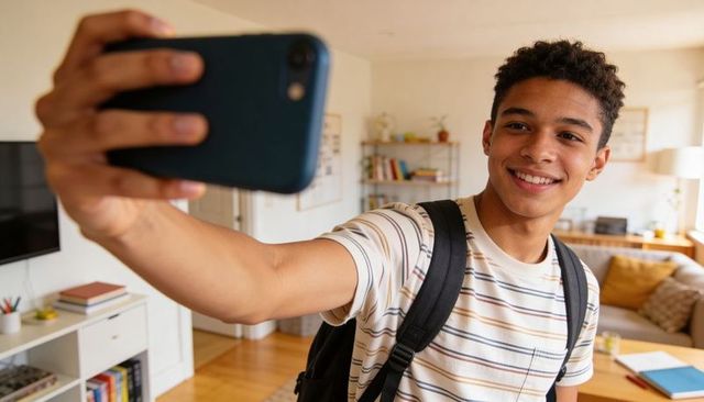 Teen student taking selfie at home wearing backpack and striped t-shirt, smiling