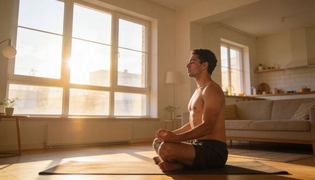 Shirtless man meditating in sunlit apartment morning yoga practice for mindfulness at home