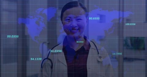 Professional Medical Doctor with Global Digital Overlay in Clinic