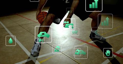 Basketball player dribbling low stance with augmented reality analytics overlays on court