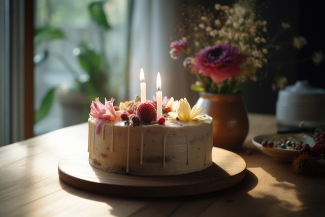 Photo showing an elegant birthday cake adorned with flower decorations and lit candles, placed on a wooden table. The soft lighting and floral arrangement in the background create an inviting and celebratory atmosphere. Perfect for use in birthday invitations, culinary blogs, festive advertisements, or other celebratory material.