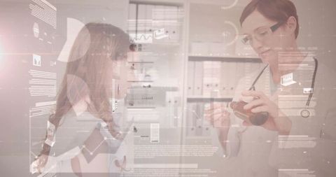 Doctor consulting patient with pill bottle and digital health ui overlays and analytics