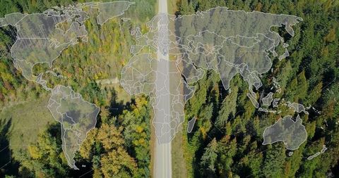 Drone view with world map overlay on rural forest road for mapping and environmental data