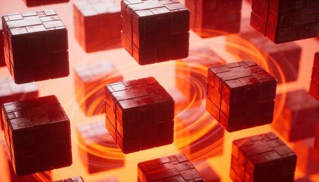 Floating metallic cubes surrounding glowing torus with neon orange rings, futuristic design