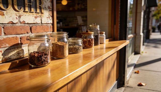 Sunlight streaming over glass spice jars on wooden counter outside urban shopfront in warm afternoon