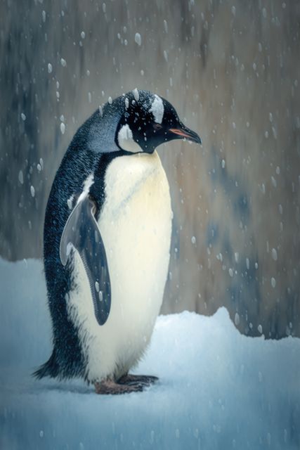 Gentoo penguin is standing on snowy ground during a snowfall. Penguin appears calm, its white and black feather coat blending harmoniously with its snowy surroundings. Perfect for wildlife enthusiasts, environmental blogs, winter-themed content, and nature documentaries.
