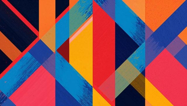 Vivid geometric abstract with diagonal bands and textured overlays in bold primary palette