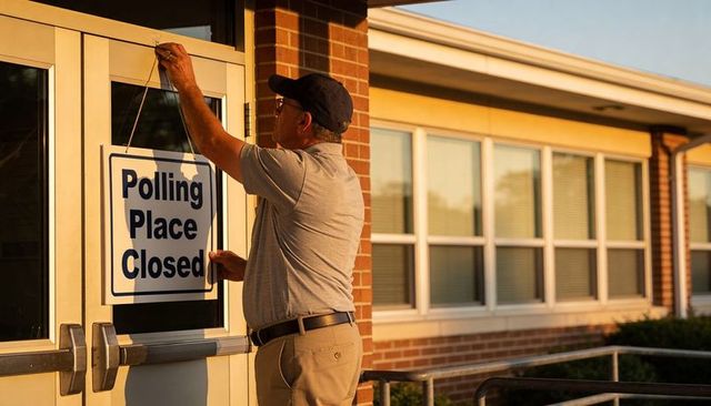 Volunteer hanging polling place closed sign at school entrance during golden hour