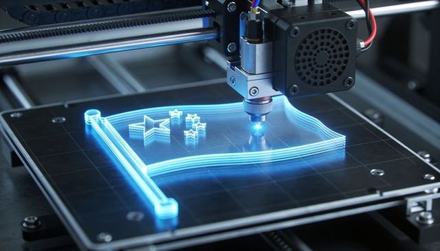 Futuristic 3D Printer Printing Glowing Flag Holographic Layers with Precision Extruder