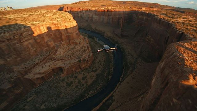 Hovering drone surveying winding canyon river at sunset over red sandstone mesa cliffs