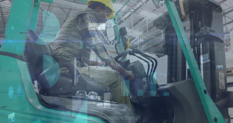 Warehouse Worker Operating Forklift with Digital Data Overlay