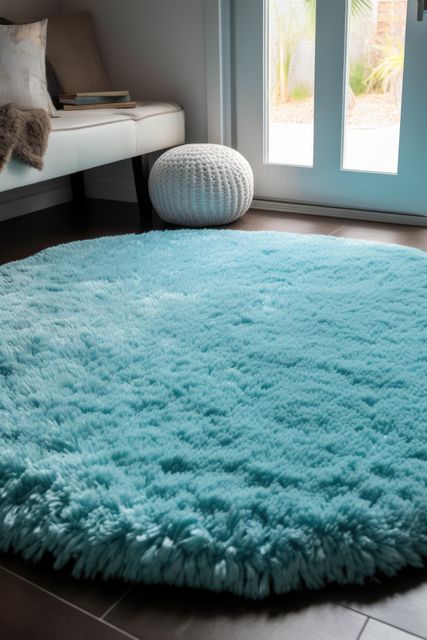 Blue round fluffy rug on floor in living room, created using generative ai technology - Download Free Stock Photos Pikwizard.com