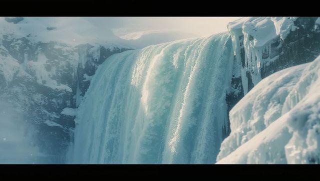 Majestic frozen waterfall cascading through snowy mountain gorge