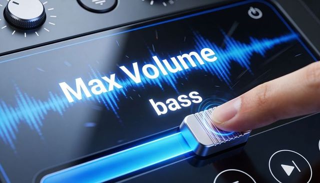 Finger pressing bass slider boosting max volume on glossy touch audio control panel