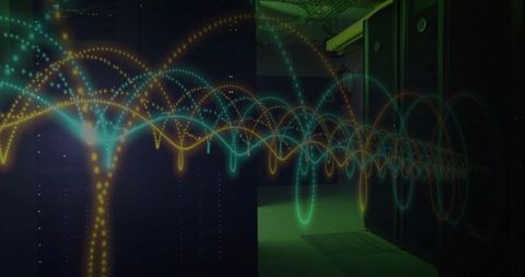 Neon Data Waveforms Visualizing Network Traffic Flow Through Server Rack Corridor