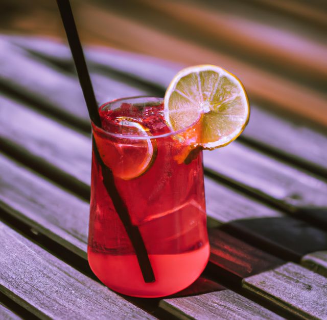 An enticing citrus cocktail with a slice of lemon served cold on a wooden table in natural sunlight. This photo is perfect for summer promotions, drink menus, and outdoor leisure activities campaigns.