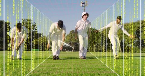 Cricket players practicing fielding on grass pitch with binary data overlay and 3d grid
