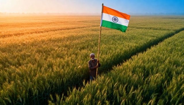 Indian farmer holding bamboo pole raising national flag in golden wheat field at sunset