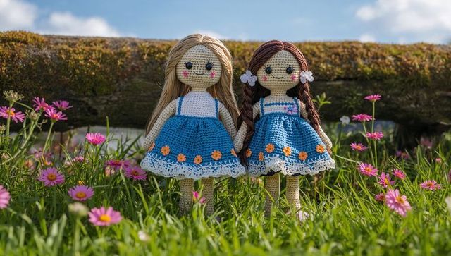 Crocheted Dolls in Floral Meadow with Blue Dresses