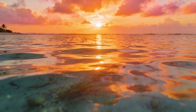 Sunset reflections on shallow tropical sea with rippling water and distant palm silhouette